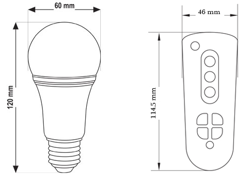 تصویر ابعادی لامپ ال‌ای‌دی 10 وات حبابدار گرد کنترلی رنگارنگ پارس شهاب