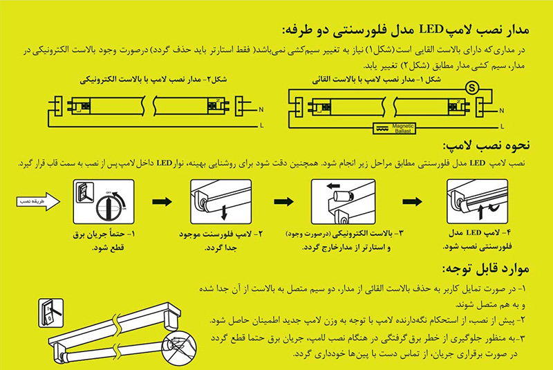  راهنمای نصب لامپ ال‌ای‌دی فلورسنتی دوطرفه 9 و 18 وات پارس شهاب 